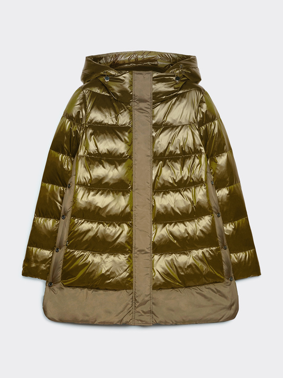 Down jacket in iridescent nylon with side snap buttons