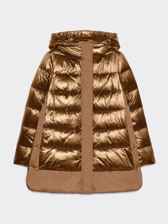 Down jacket in iridescent nylon with side snap buttons