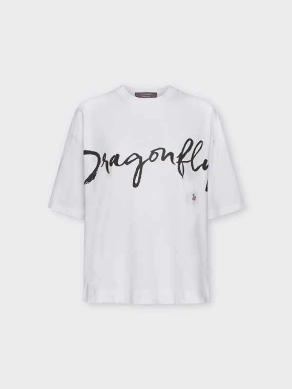 T-shirt con scritta "Dragonfly" e ricamo