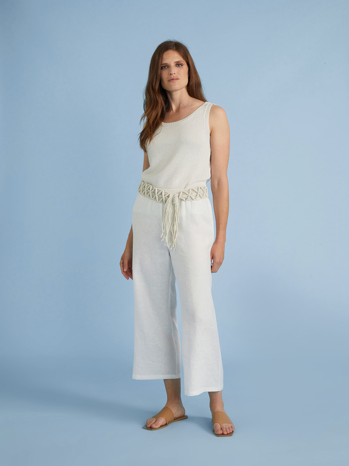 Pantaloni cropped in lino con cintura in corda image number 0